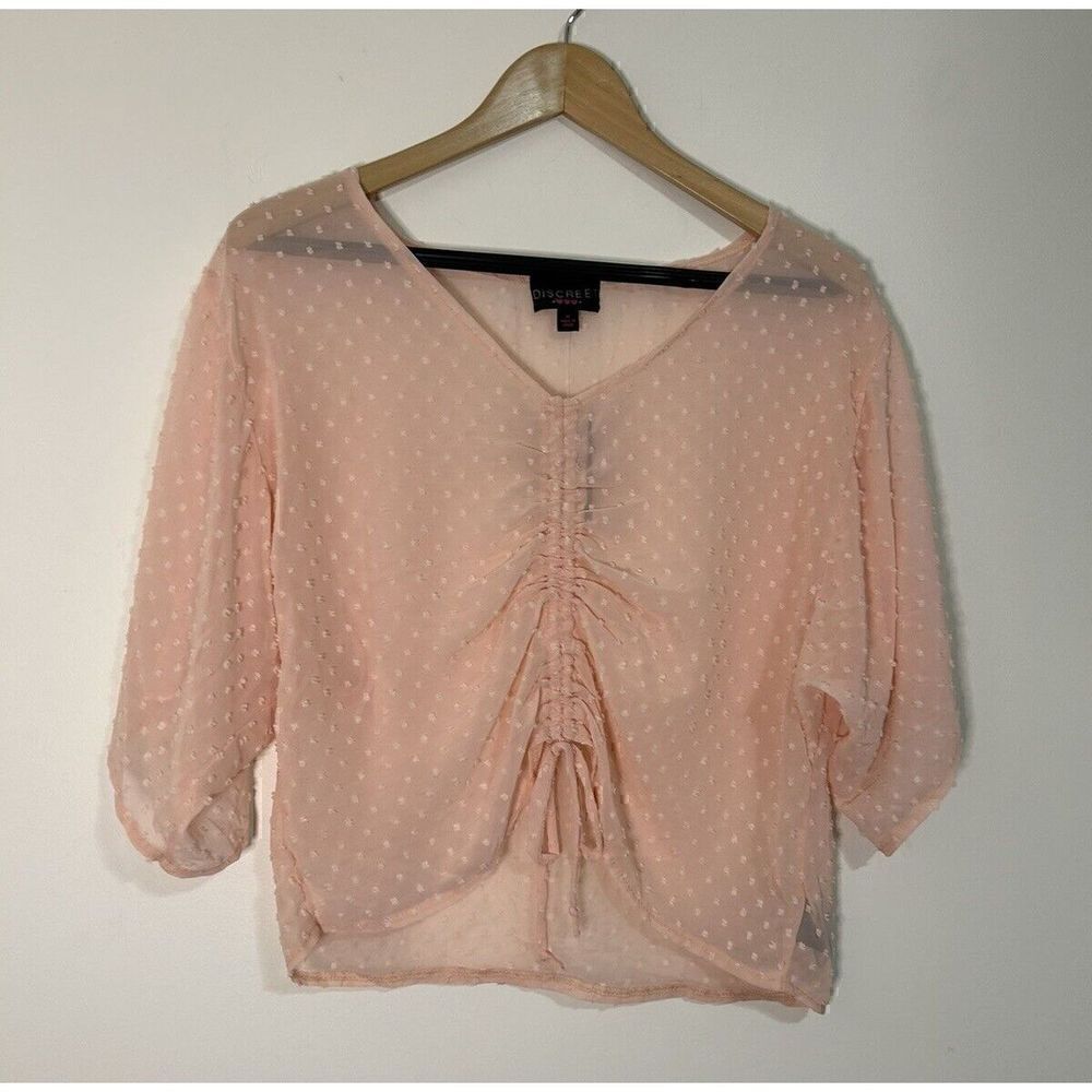 Discreet Crop Top Sheer Polka Dot Sleeves Size Medium
